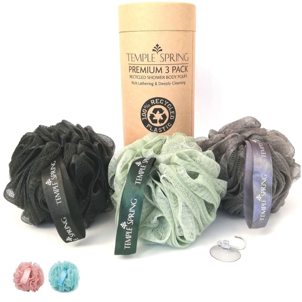 Eco-Friendly Shower Loofahs - Set of 3 Recycled Shower Poufs for Gentle Exfoliation and Rich Lather - Sea Green