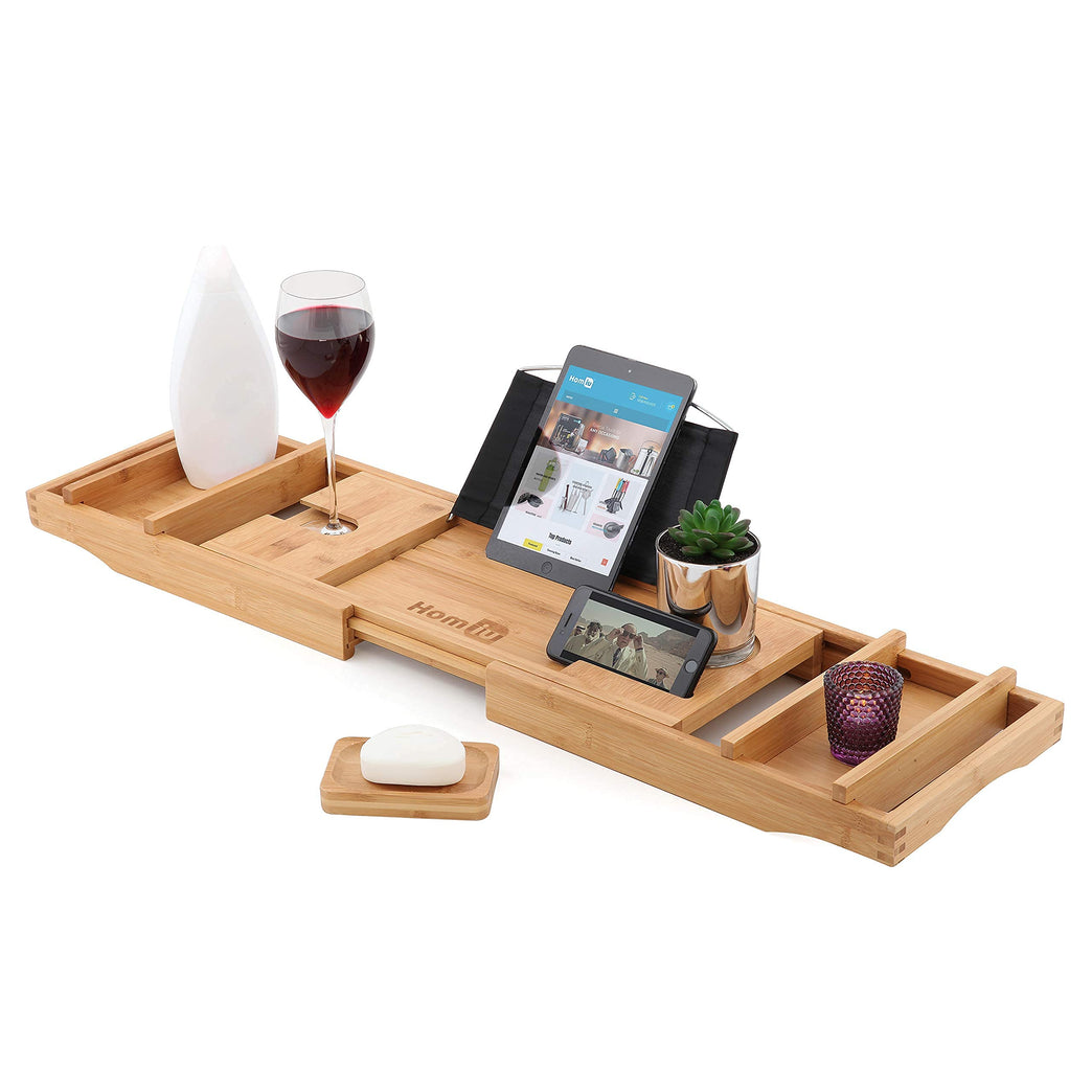 Expandable Bamboo Bath Caddy with Book & Tablet Stand and Wine Glass/Candle Holder