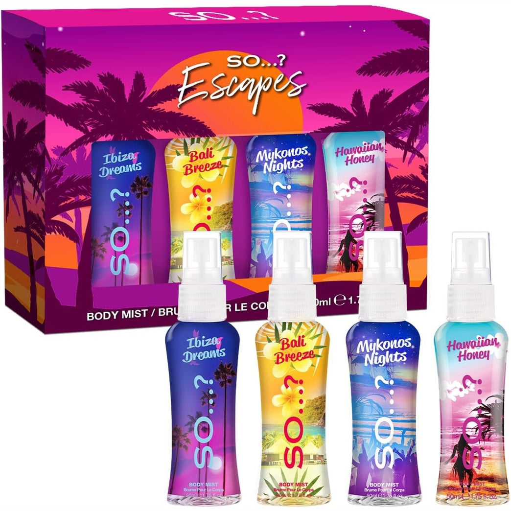 So...? Escapes Women's Gift Set - 4 X 50ml Fruity and Floral Body Mist Set