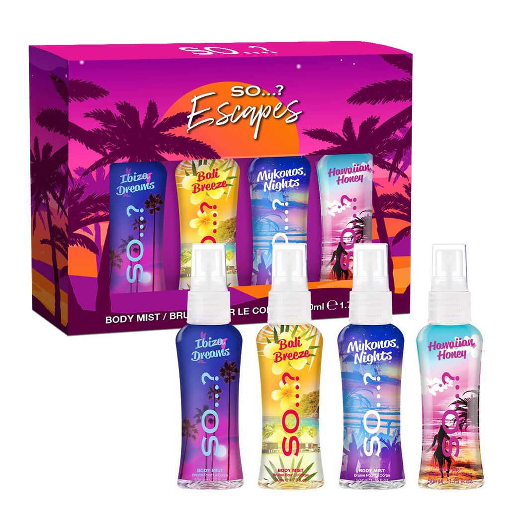 So...? Escapes Women's Gift Set - 4 X 50ml Fruity and Floral Body Mist Set