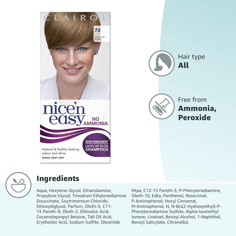 Clairol Nice'n Easy No Ammonia Hair Dye, 73 Ash Blonde, 1 Count (Pack of 1)