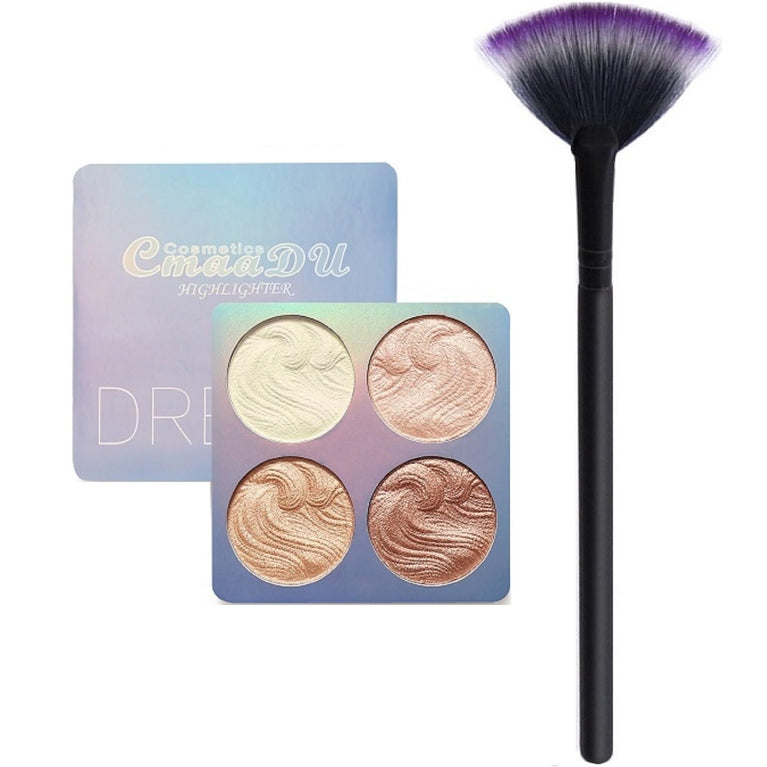 Radiant Glow 4-Shade Baked Powder Bronzing and Highlighting Palette with LyDia® Small Black Fan Makeup Brush