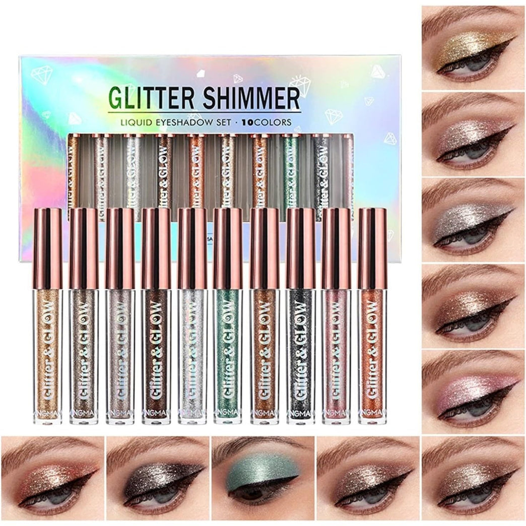 10 Colors Glitter Liquid Eyeshadow Set Metallic Glitter Shimmer Smokey Eye Looks Waterproof Long Lasting Quick-Drying Sparkling Eye Shadow (#A 10 Colors)