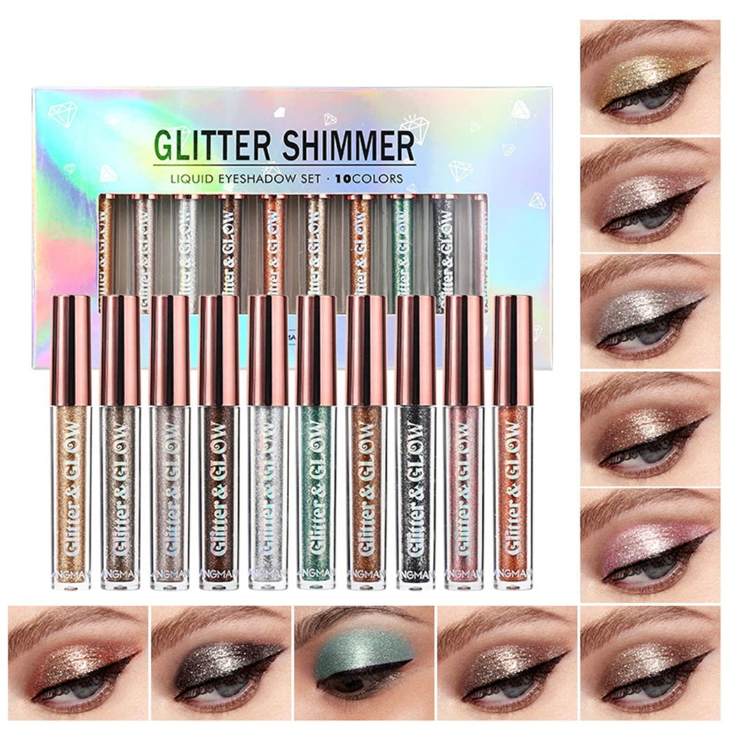 10 Colors Glitter Liquid Eyeshadow Set Metallic Glitter Shimmer Smokey Eye Looks Waterproof Long Lasting Quick-Drying Sparkling Eye Shadow (#A 10 Colors)