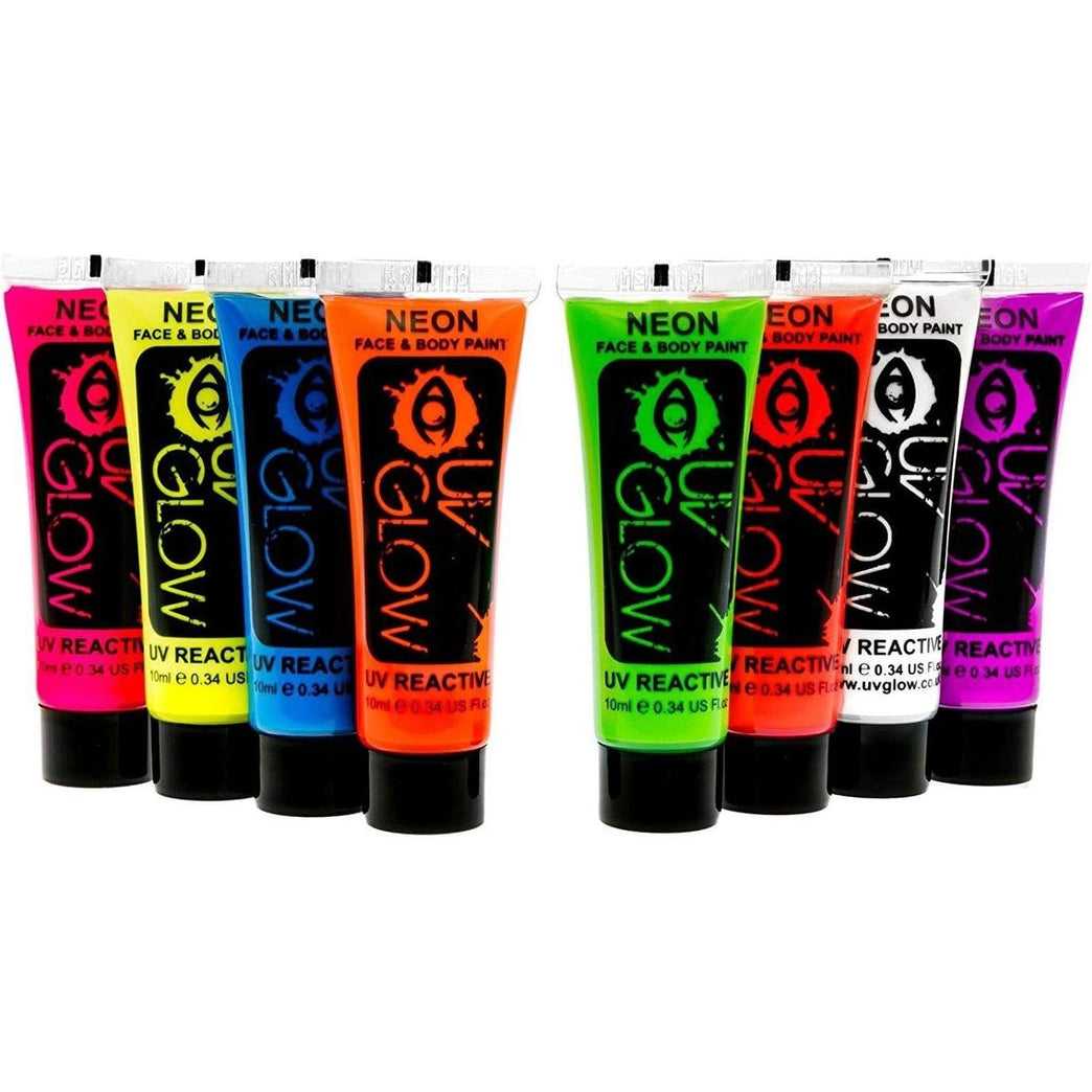 UV Glow Neon Face and Body Paint Set of 8 Tubes - Fluorescent - Brightest glow under UV!