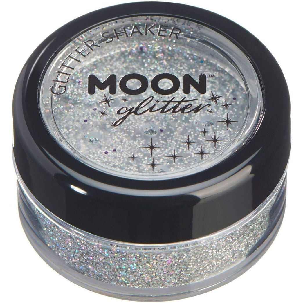 Moon Glitter's Holographic Silver Cosmetic Glitter Shakers – Perfect for Festival & Nightclub Makeup for Face, Body, Nails, Hair, Lips – 5g