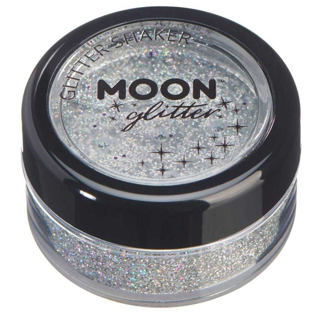 Moon Glitter's Holographic Silver Cosmetic Glitter Shakers – Perfect for Festival & Nightclub Makeup for Face, Body, Nails, Hair, Lips – 5g