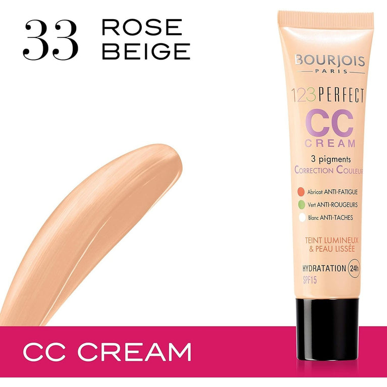 Bourjois 123 Perfect Colour Correcting CC Cream in 33 Rose Beige (3ml) - Anti-Shine Hydration with SPF 10 Protection and 16-Hour Semi-Matte Finish