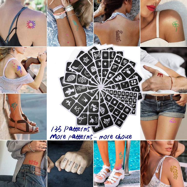 Shimmering Temporary Tattoo and Nail Art Kit - 24 Vibrant Glitter Shades with 135 Unique Stencils - Perfect Party Gift for Kids, Teens and Adults