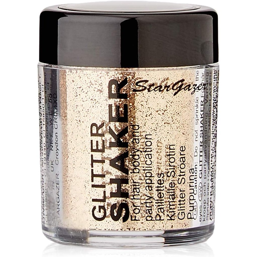 Stargazer Glitter Shaker, Gold. Cosmetic glitter powder for use on the eyes, lips, face, body, hair and nails.