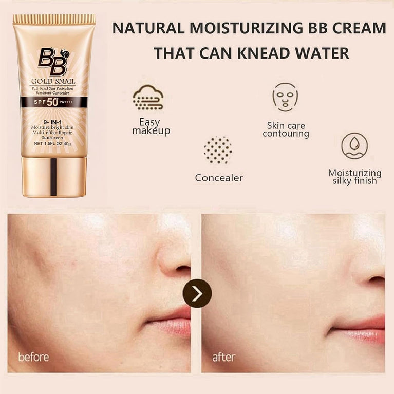 SPF50+ Tinted Moisturising BB Cream with Gold Snail Extracts - Medium-Light Waterproof Foundation for Blemish Coverage & Color Correction