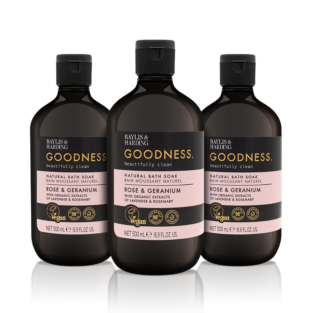 Baylis & Harding Goodness Rose & Geranium Natural Bath Soak, 500 ml (Pack of 3) - Vegan Friendly