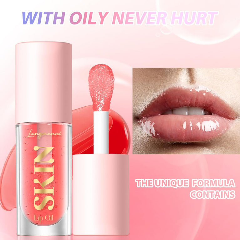 LANGMANNI Glossy Lip Care Oil Balm - Fruit Infused, Non-Sticky, Moisturizing and Nourishing Lip Balm for Dry Lips (Strawberry Flavor)