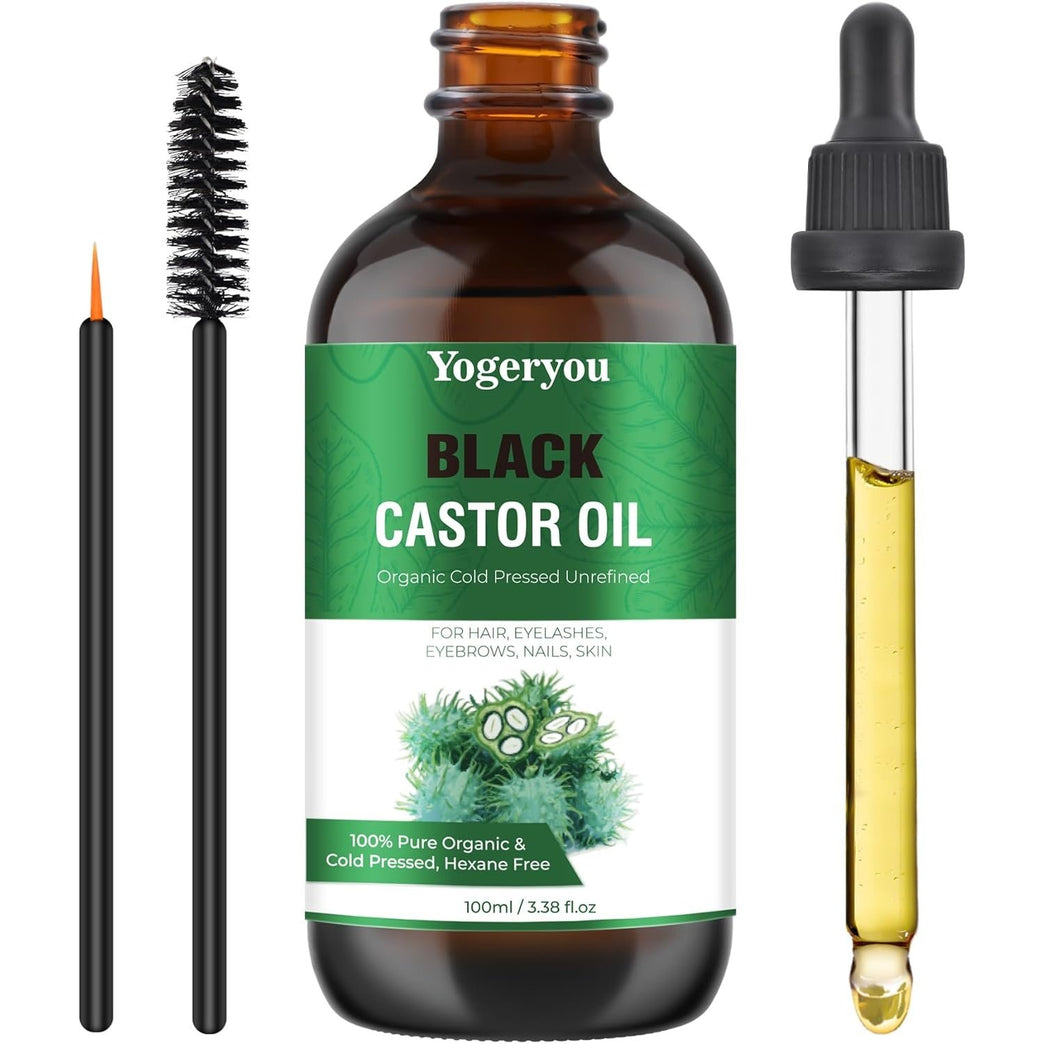 YogerYou Jamaica Organic Black Castor Oil,Pure Cold Pressed Castor Oil for Hair,Body,Face,Skin,Nail,Hexane Free Unrefined Glass Bottle,Eyelash Growth Serum to Grow Lashes,Thicker Eyebrow Growth Serum