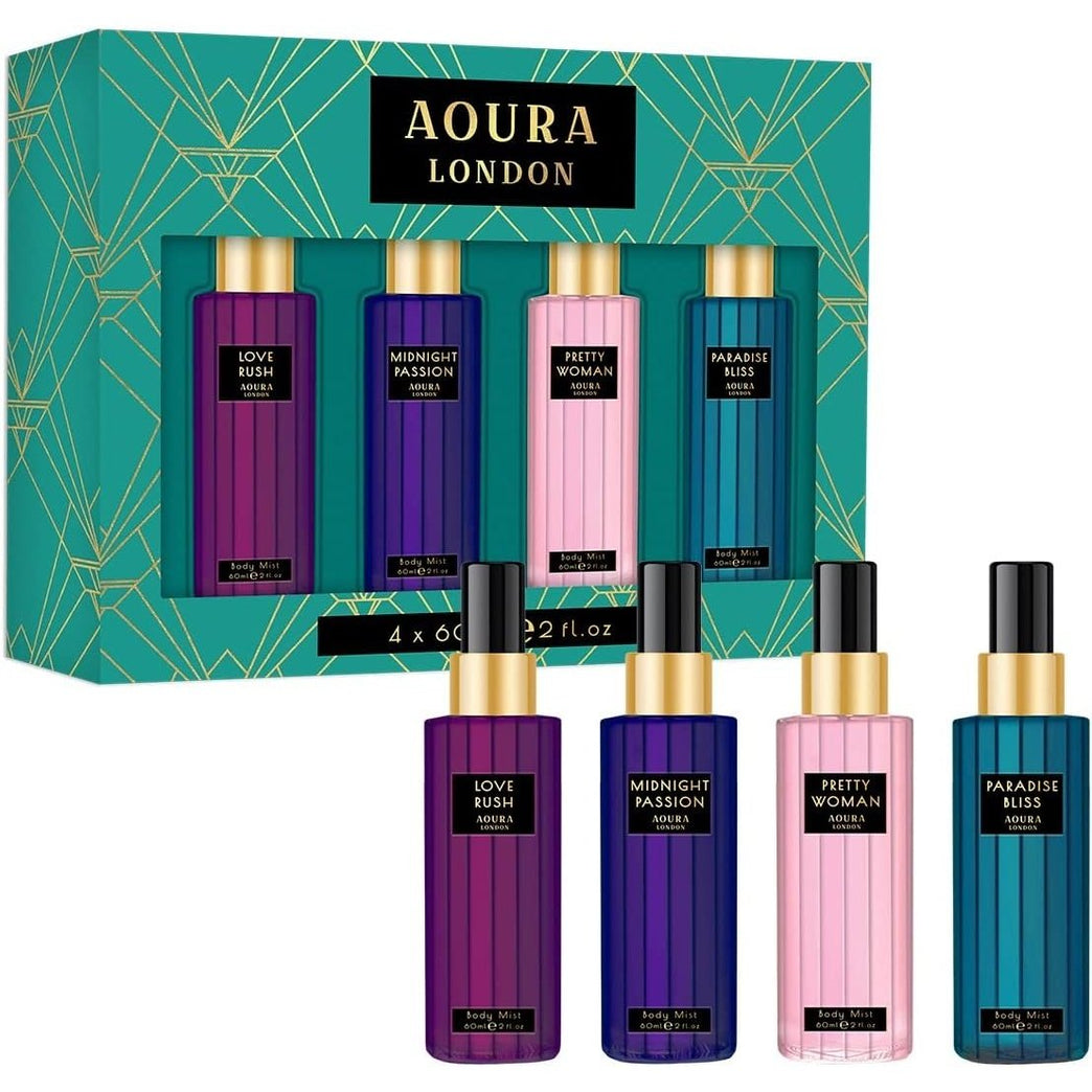 AOURA LONDON Womens Body Mist Gift Set: Love Rush, Midnight Passion, Pretty Woman, & Paradise Bliss (4x60ml)