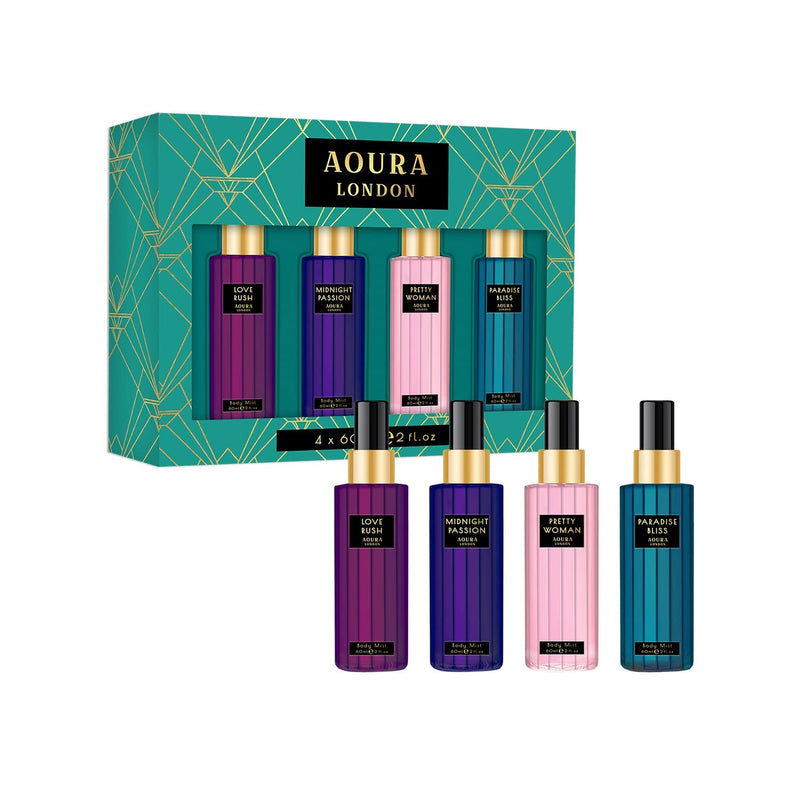 AOURA LONDON Womens Body Mist Gift Set: Love Rush, Midnight Passion, Pretty Woman, & Paradise Bliss (4x60ml)