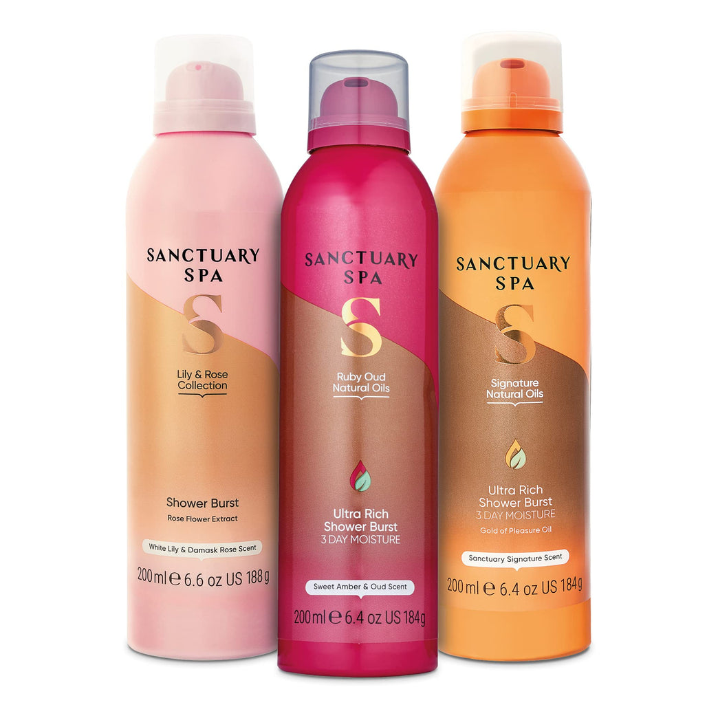 Sanctuary Spa Shower Burst Trio | Signature | Ruby Oud | Lily and Rose Shower Body Wash Bundle | 3 x 200 ml  | Mineral Oil Free, Cruelty Free & Vegan