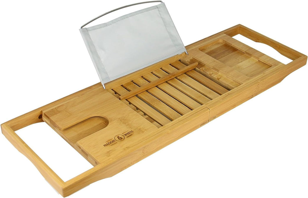 Luxury Extendable Bamboo Bath Caddy with Wine Glass and Tablet Holder