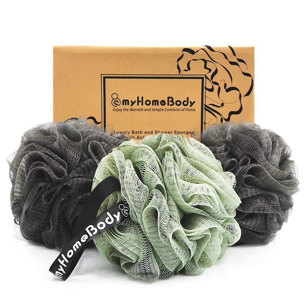 Large Exfoliating Shower Sponge with Activated Charcoal, 3 Pack