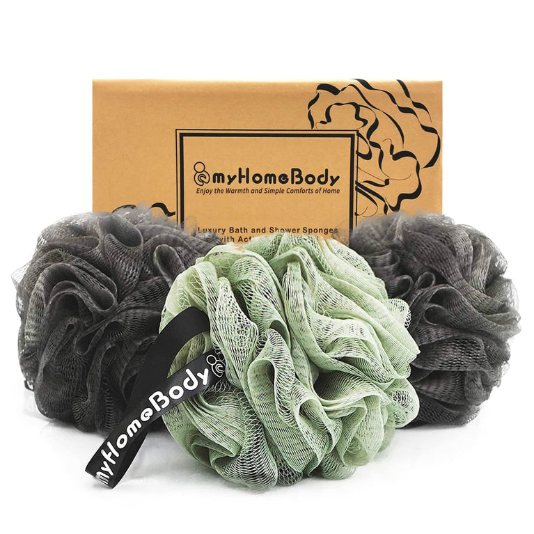 Large Exfoliating Shower Sponge with Activated Charcoal, 3 Pack