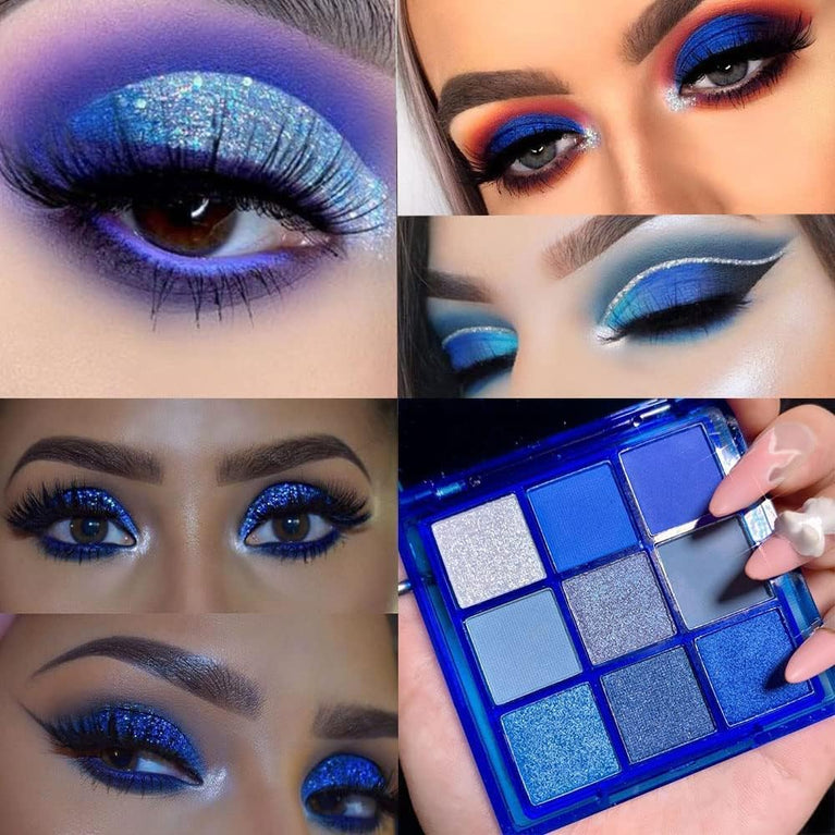 Glittery Navy Blue Eyeshadow Palette: Waterproof Shimmer and Matte Eye Makeup with 9 Cool Tone Shades