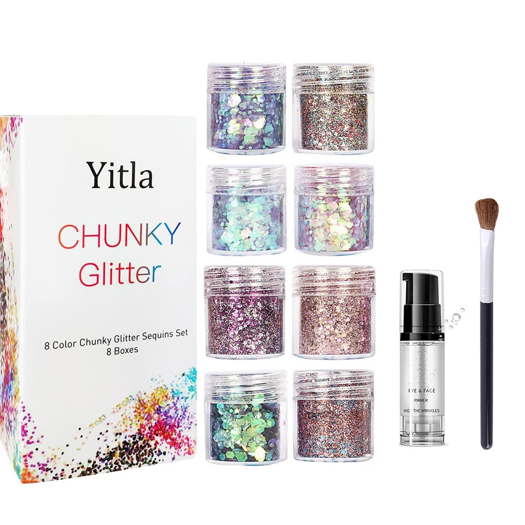 Yitla 8 Color face Glitter Cosmetic Glitter, for Body, Cheeks and Hair, Festival and Party Beauty Makeup - Includes Long Lasting Fix Gel and Brush