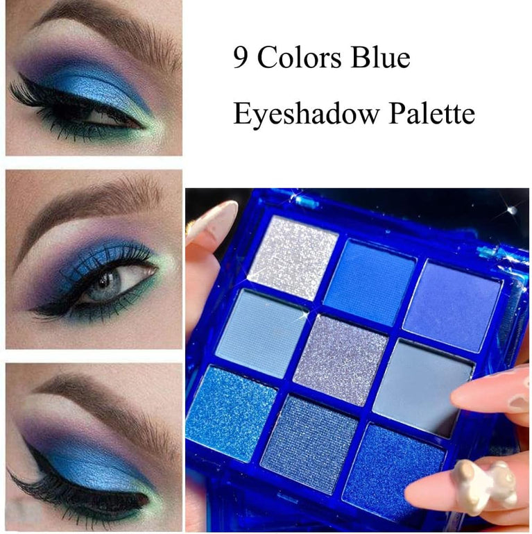 Glittery Navy Blue Eyeshadow Palette: Waterproof Shimmer and Matte Eye Makeup with 9 Cool Tone Shades