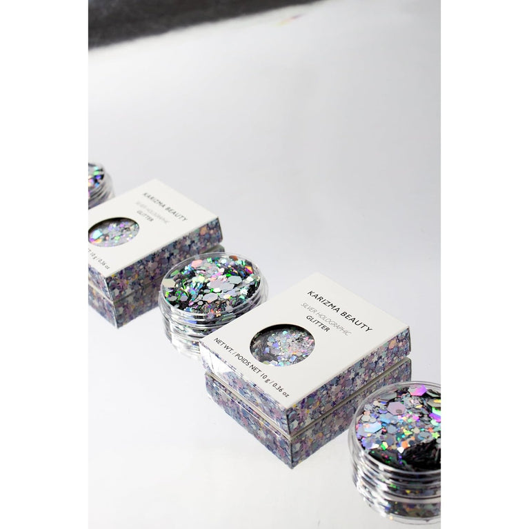 KARIZMA Starry Eyed Holographic Silver Festival Glitter Makeup- Chunky Cosmetic Glitter for Face, Hair, Eyes and Body- 10g Loose Glitter Set for Raves, Music Videos and Parties