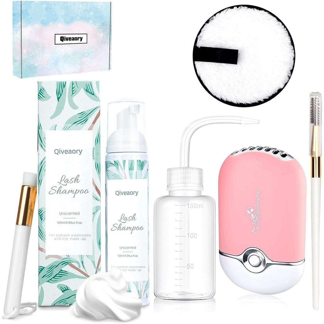 Deluxe Eyelash Care Kit - Eyelash Extension Shampoo, Cleanser, Brushes and Accessories, Gluten & Irritant-Free Formula, Reusable Makeup Remover Pad, 120ml (4.04fl.oz) - For Salon and Home Use