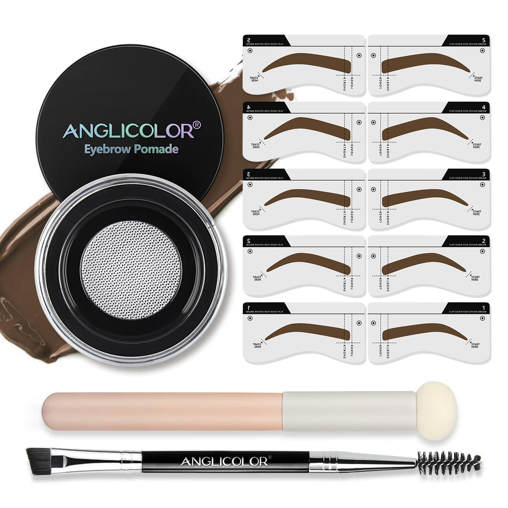 Anglicolor 3 Colors Eyebrow pomade and Stencil kit Eyebrow gel and stencil kit,Brow Pomade,Double ended Eyebrow Brush and Sponge Applicator(05 DARK BROWN Set)
