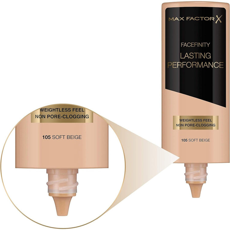 Max Factor 8-Hour Touch-Proof Liquid Foundation in 105 Soft Beige - 35ml, Fragrance-Free & Suitable for Sensitive Skin