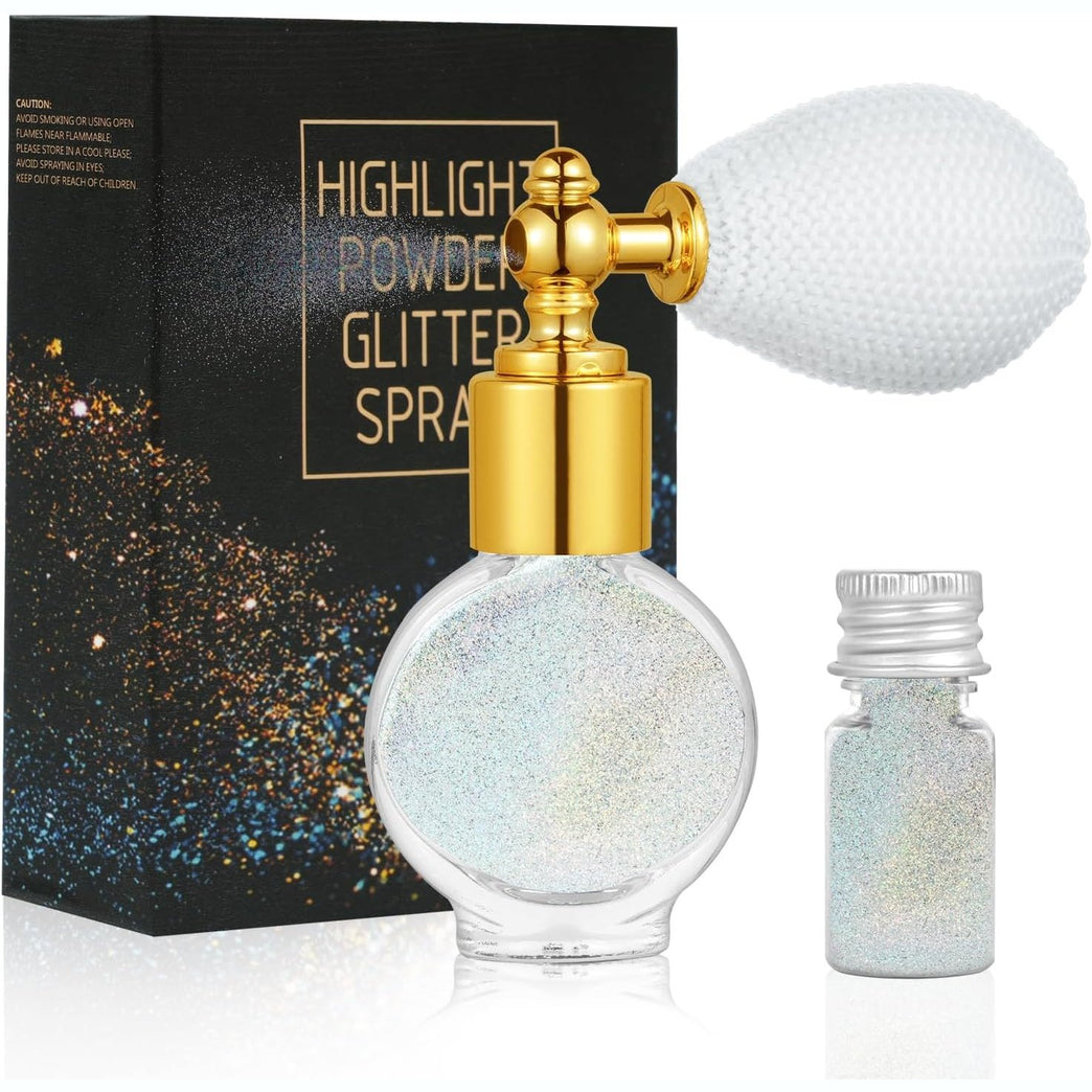 AOOWU Versatile Glitter Powder Spray, Sparkling Silver Body and Hair Highlighter, Compact Shimmer Makeup Spray for Body, Face, and Clothes