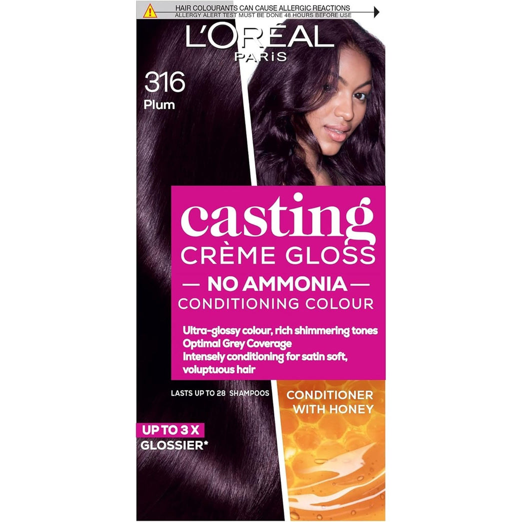 L'Oreal Paris Casting Creme Gloss Semi-permanent Hair Dye, Blends Away Grey Hair Leaving a Radiant Hair Colour, Purple Hair Dye, 316 Plum, 1 Count (Pack of 1)