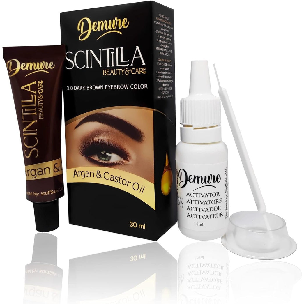 Demure Eyebrow Dye Kit, Professional Formula Brow Tint - contains Argan Oil & Castor Oil (Omega 6, Carotene, Vitamins А, Е, F), Fast and Safe Results (3.0 Dark Brown)