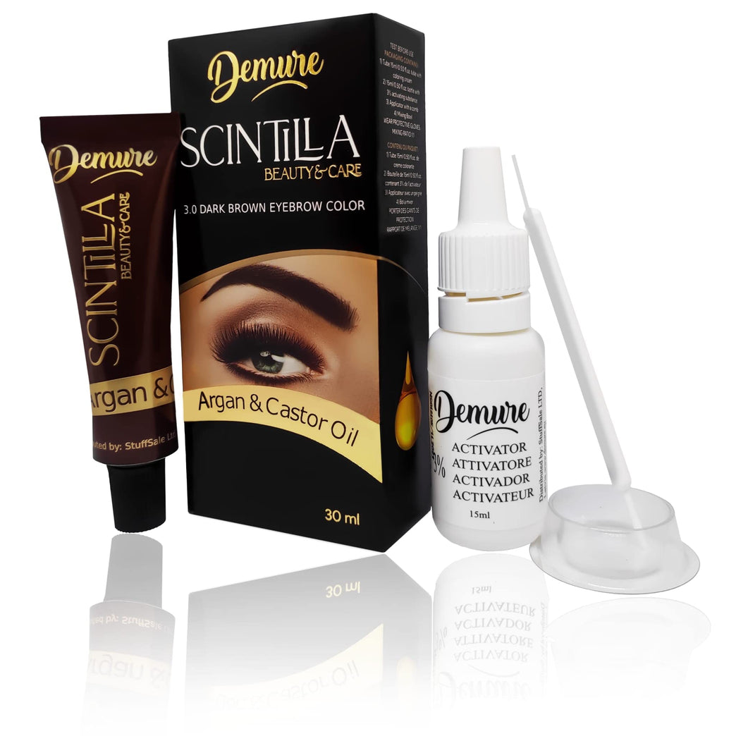 Demure Eyebrow Dye Kit, Professional Formula Brow Tint - contains Argan Oil & Castor Oil (Omega 6, Carotene, Vitamins А, Е, F), Fast and Safe Results (3.0 Dark Brown)