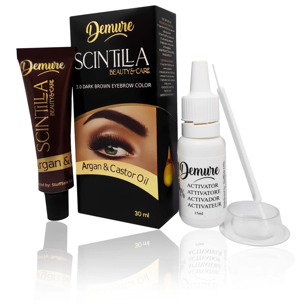 Professional Eyebrow Tinting Kit with Nourishing Oils - Demure Brow Dye in 3.0 Dark Brown for Quick & Safe Results