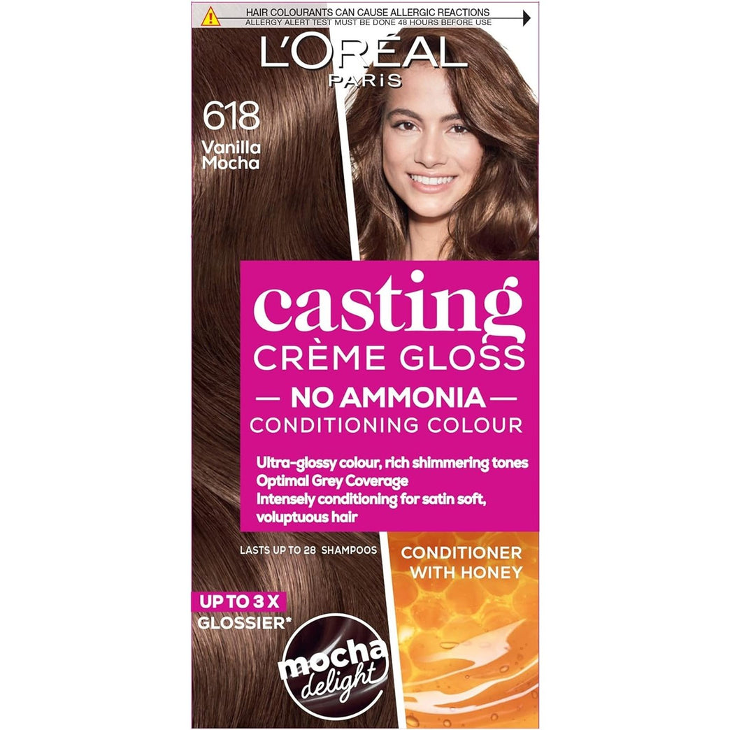 L'Oreal Ammonia Free Semi-Permanent Hair Dye, 618 Vanilla Mocha, Glossy Hair Colour, Natural Looking Finish, For up to 28 Shampoos, Casting Crème Gloss, 1 Application