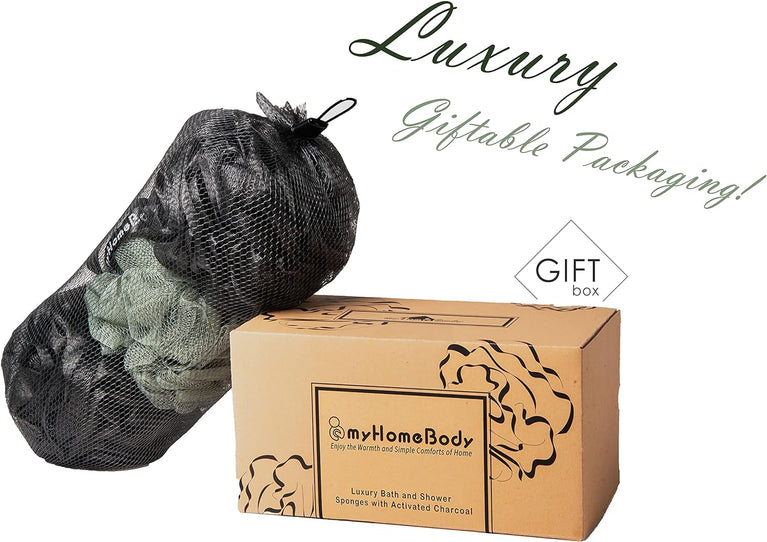 Large Exfoliating Shower Sponge with Activated Charcoal, 3 Pack