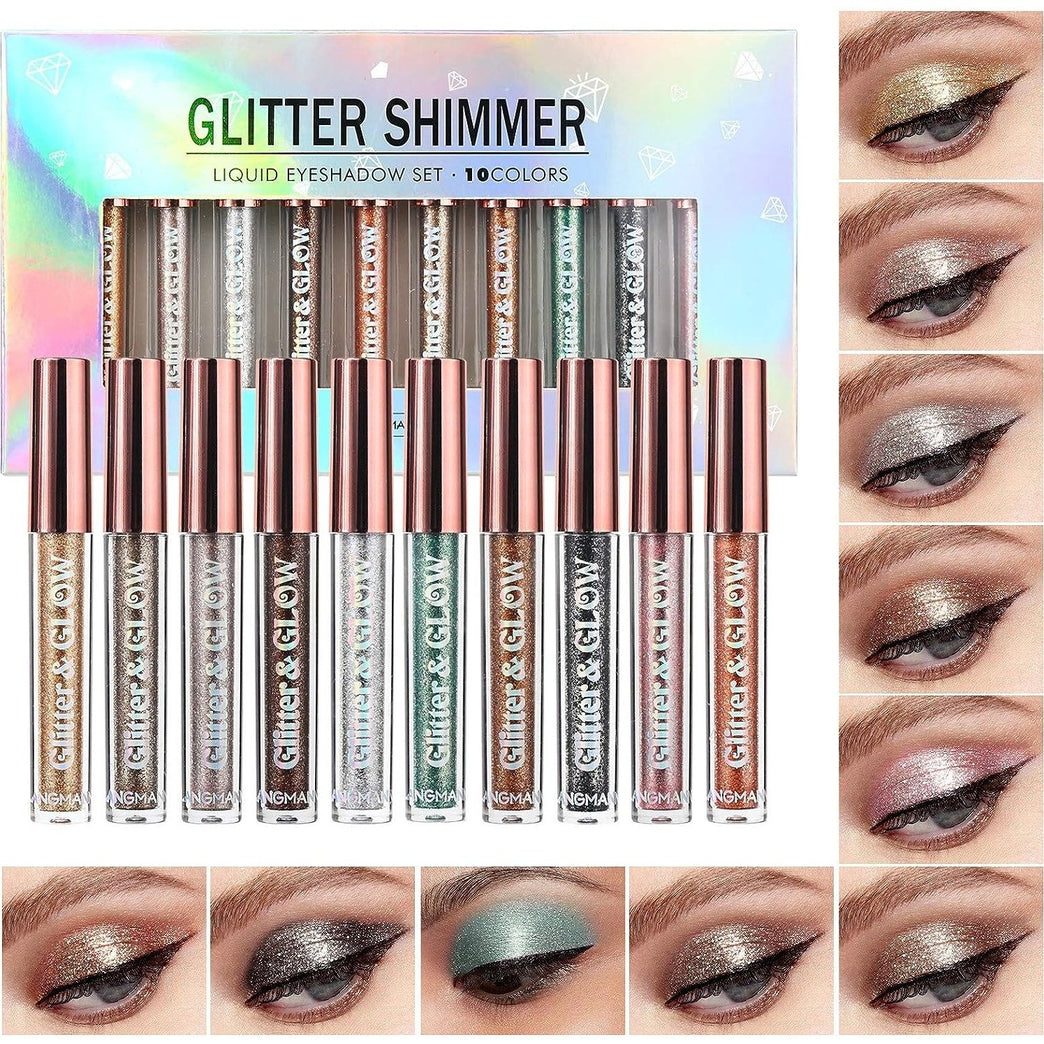 Highly Pigmented 10 Shades Liquid Glitter Eyeshadow Set - Matte & Metallic, Sweatproof, Long-Lasting for Daring & Bold Eye Looks (10pcs)