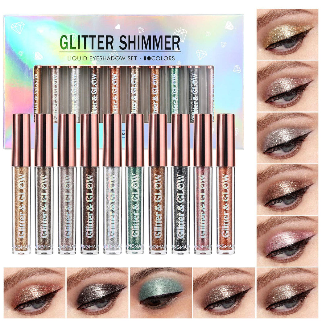 Highly Pigmented 10 Shades Liquid Glitter Eyeshadow Set - Matte & Metallic, Sweatproof, Long-Lasting for Daring & Bold Eye Looks (10pcs)