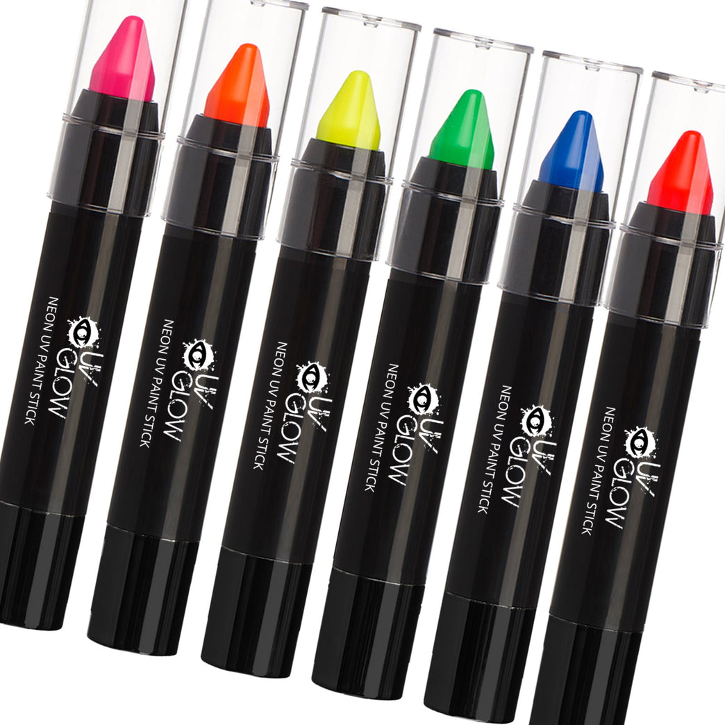 UV Glow Neon Body Crayons - Bright, Water-Resistant Face Paint Sticks (Set of 6)