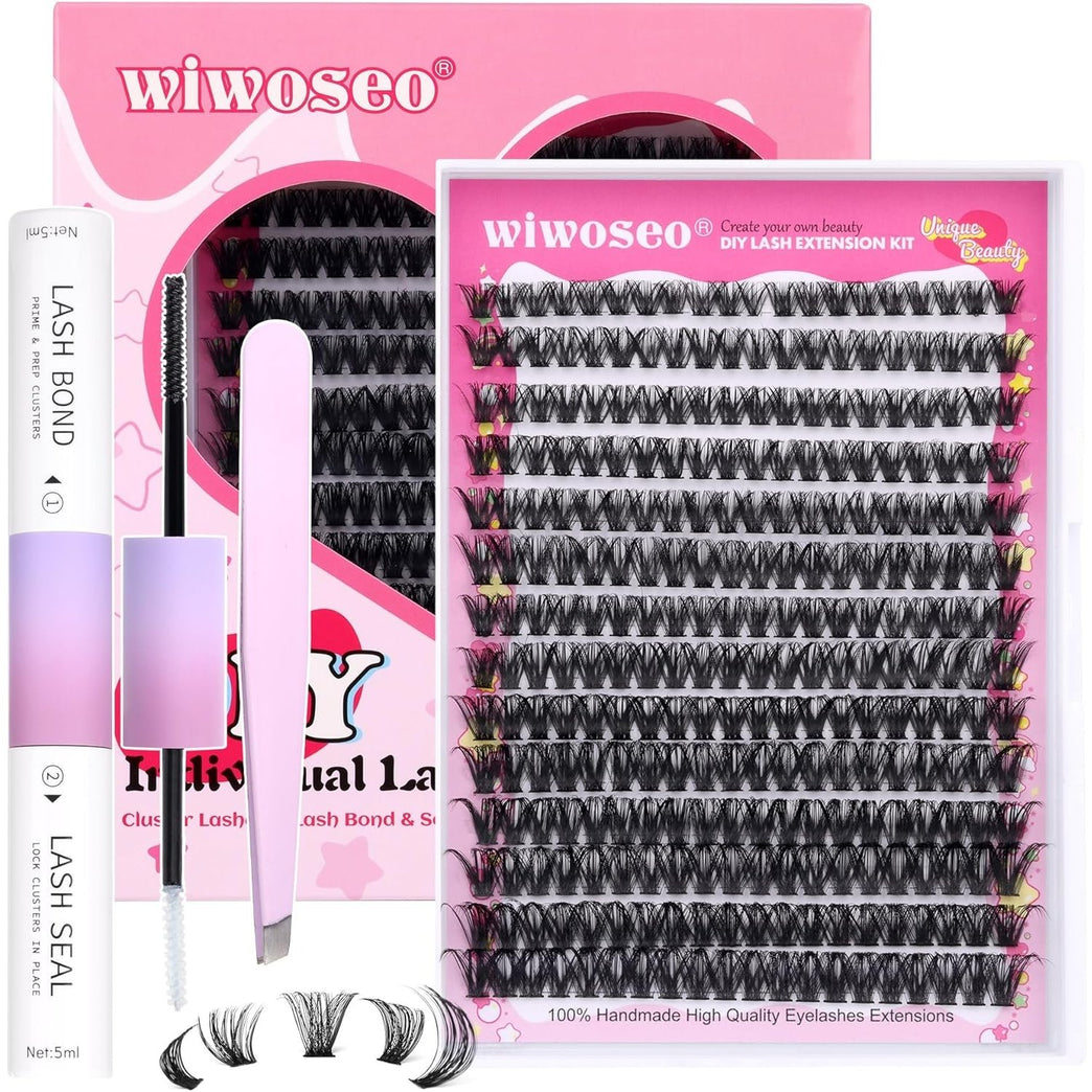 Wiwoseo Home Eyelash Extension Kit with Natural Russian Cluster Lashes, Bond & Seal Glue, and Tweezer – DIY Individual Lash Kit for Easy Self-Application (50pc 9-16MM)