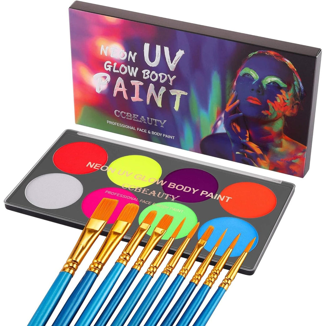 CCbeauty Professional UV Neon Body and Face Paint Set - 8 Vibrant Colors with 10 Brushes, Non-Toxic, Easy to Remove, Glows in the Dark under Black Light, Ideal for Halloween and Festivals