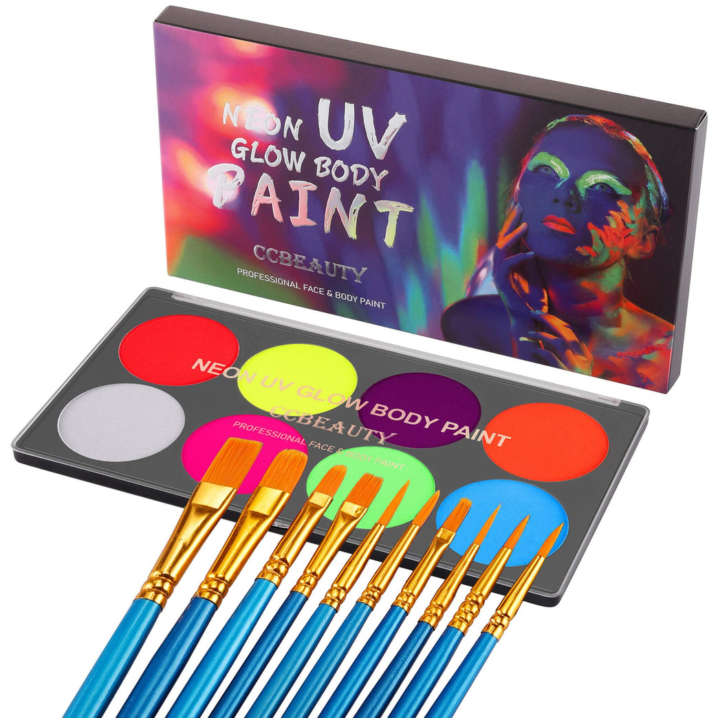 CCbeauty Professional UV Neon Body and Face Paint Set - 8 Vibrant Colors with 10 Brushes, Non-Toxic, Easy to Remove, Glows in the Dark under Black Light, Ideal for Halloween and Festivals