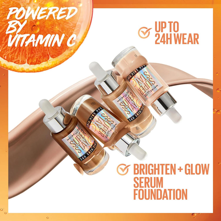 Maybelline 24H Super Stay Skin-Enhancing Foundation with Brightening Vitamin C, Vegan and Suitable for All Skin Types, Shade 30