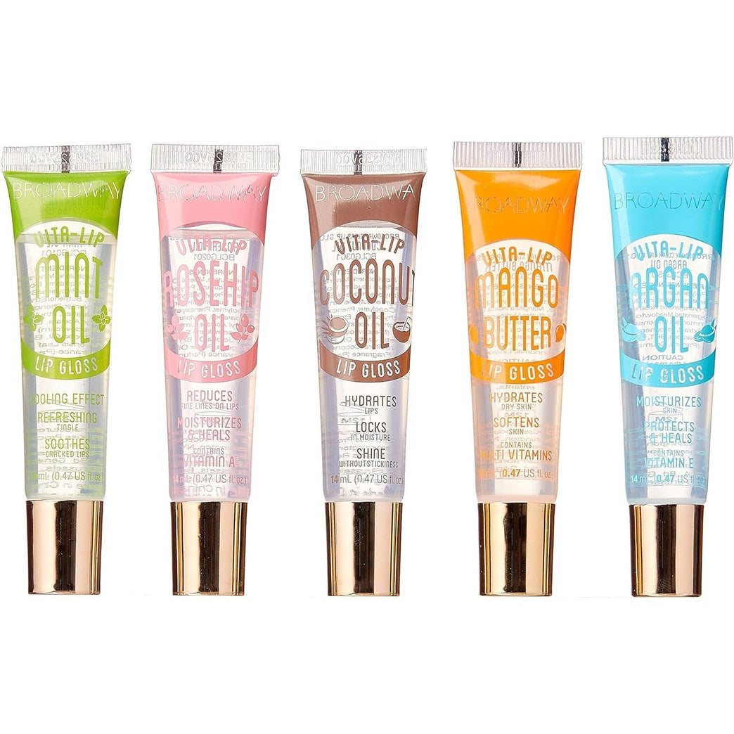 5-Piece Broadway Vita-Lip Clear Lip Gloss Set – Mint, Coconut, Rosehip, Mango Butter, Argan Oil - 0.47oz/14ml each with Abis BookSafety Seal