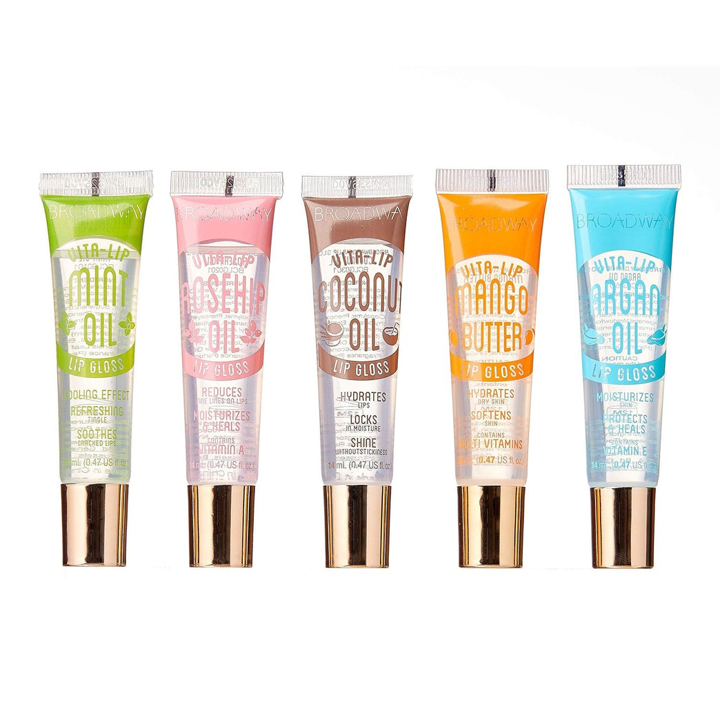 5-Piece Broadway Vita-Lip Clear Lip Gloss Set – Mint, Coconut, Rosehip, Mango Butter, Argan Oil - 0.47oz/14ml each with Abis BookSafety Seal