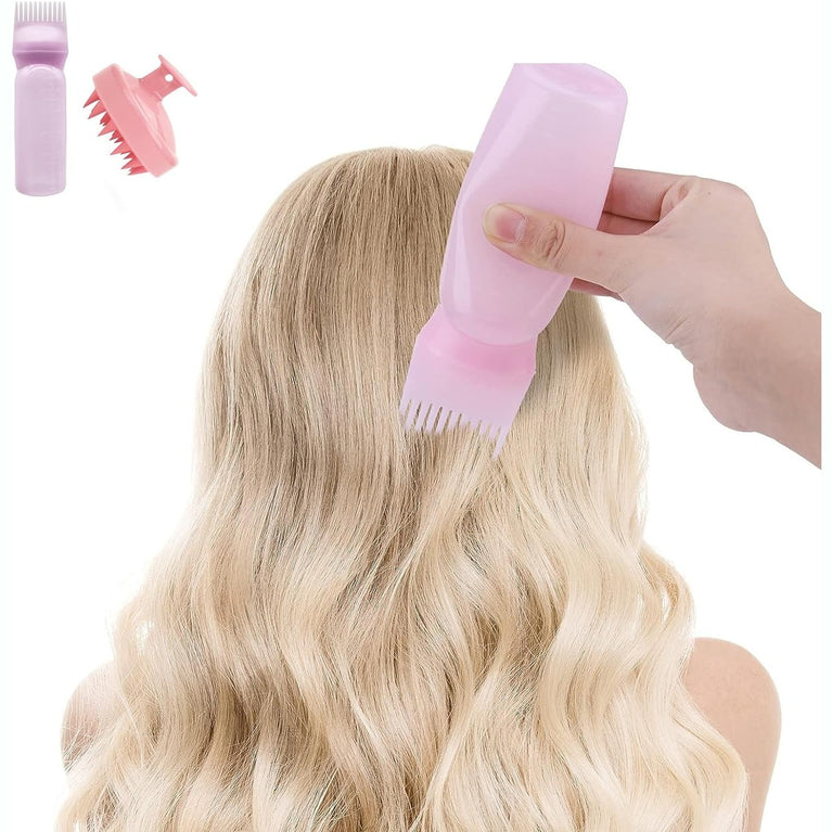 Hair Oil Applicator Bottle with Root Comb and Scalp Massage Comb (2 Pack, Pink)