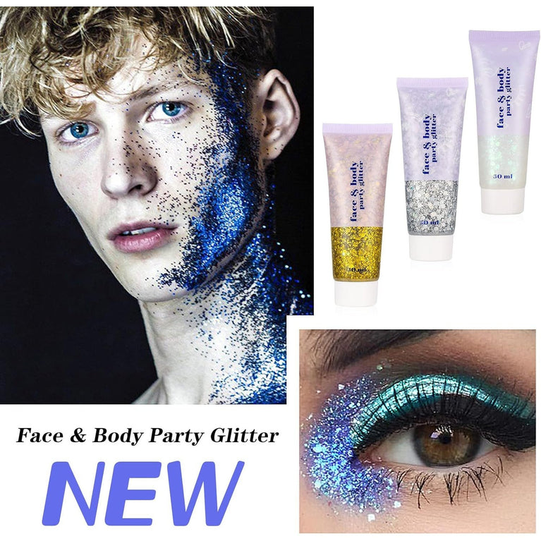 Dacitiery Trio Body Glitter Gel Set, 50ml Holographic Mermaid Sequins for Face, Body, Eye, Hair, Nail DIY Art - Sparkling Liquid Eyeshadow for Festival Parties and Makeup Decoration