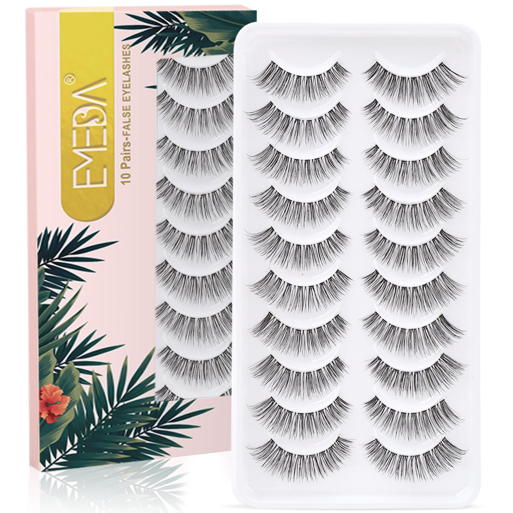 EMEDA 3D Natural False Eyelashes - 10 Pair Pack of Handmade Short Soft Reusable Eye Lashes with Transparent Strip - Ideal for Daily Use, Parties, and Weddings (No Glue Included)
